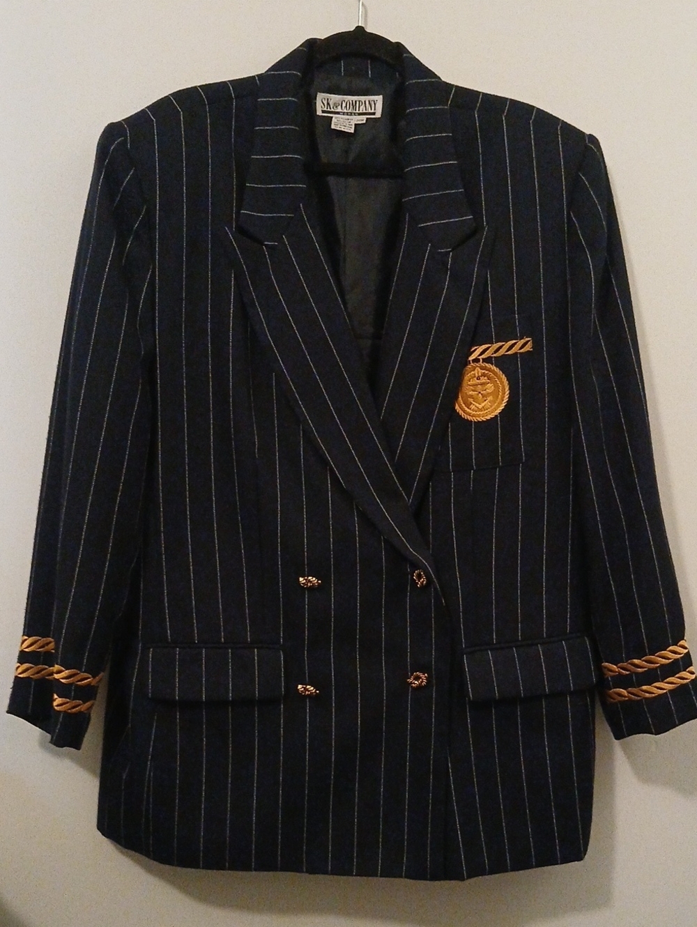 S&K Company Navy Pinstripe Double-Breasted Blazer with Gold Embellishment